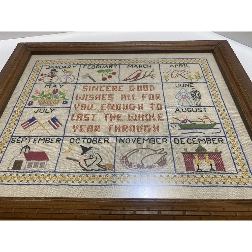 Framed Hand embroidered Cross Stitch Calendar Month Holiday Sampler-See Photos